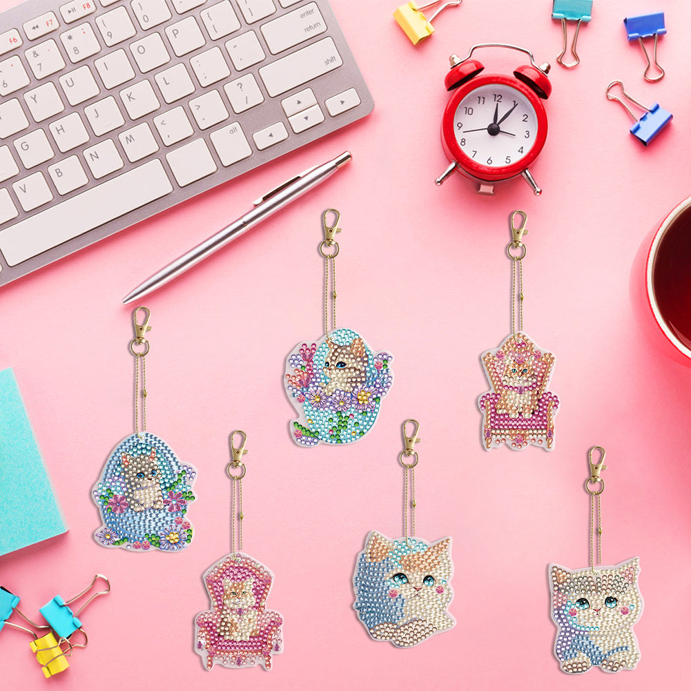 6PCS Double Sided Special Shape Diamond Painting Keychain for Beginners (Kitten)