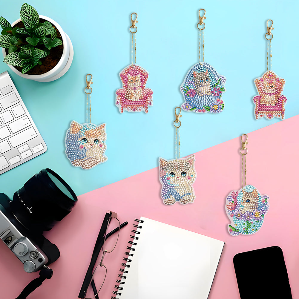 6PCS Double Sided Special Shape Diamond Painting Keychain for Beginners (Kitten)