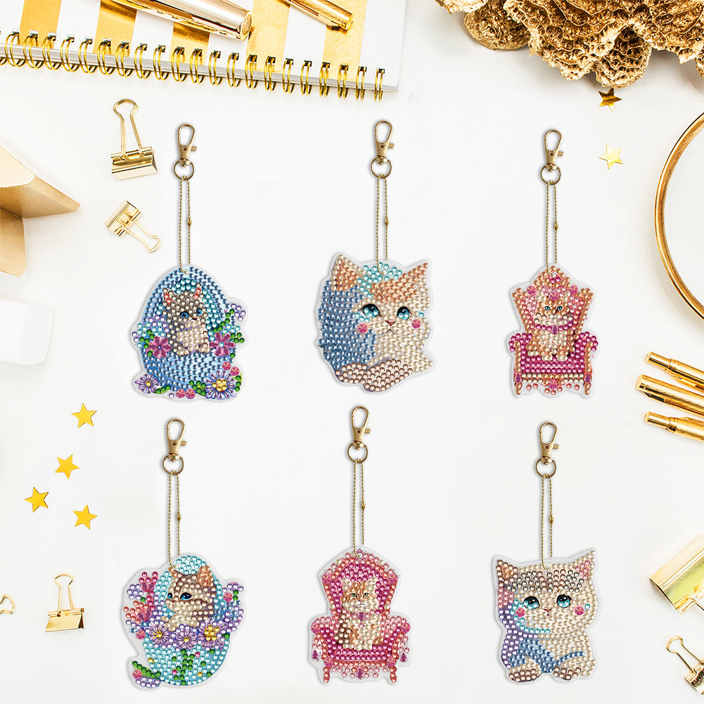 6PCS Double Sided Special Shape Diamond Painting Keychain for Beginners (Kitten)