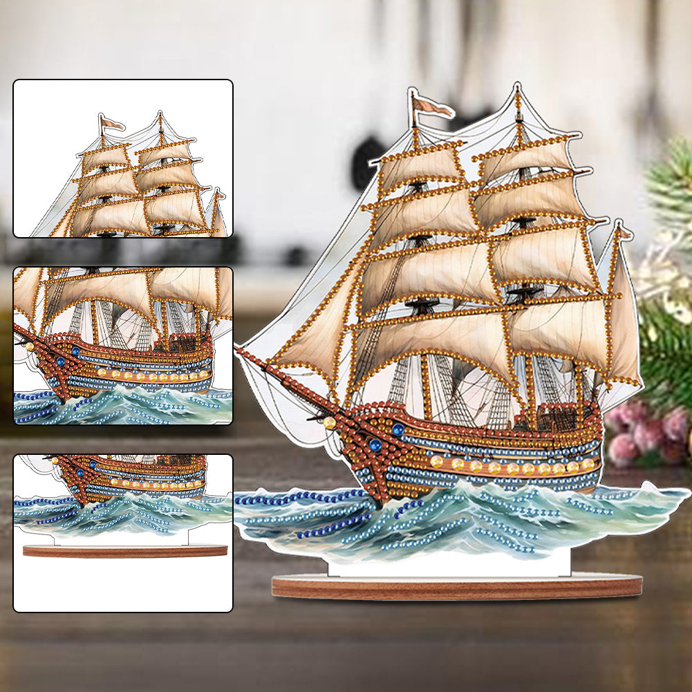 Wooden Sailboat Diamonds Painting Desktop Decor for Table Office Home Decor (#1)