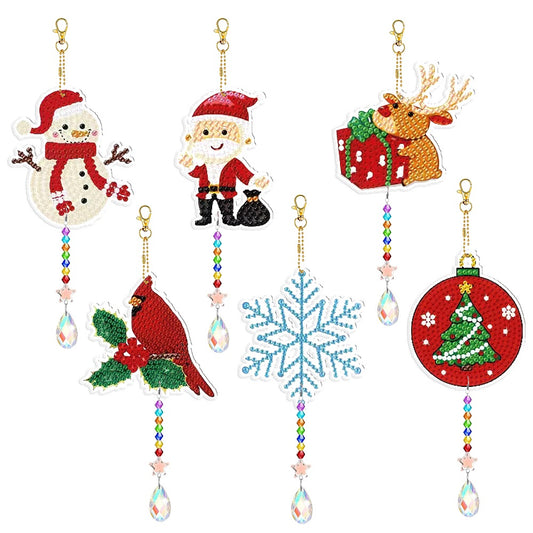 6PCS Santa Snowman Suncatcher Diamond Drawing Hanging Ornament for Kid DIY Craft
