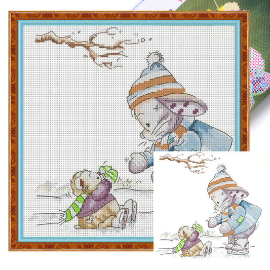 Rabbit Is Skating - 14CT Stamped Cross Stitch 28*28CM