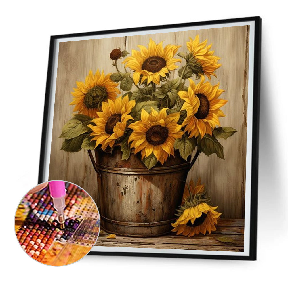 Iron Bucket Sunflower - Full Round Drill Diamond Painting 30*30CM