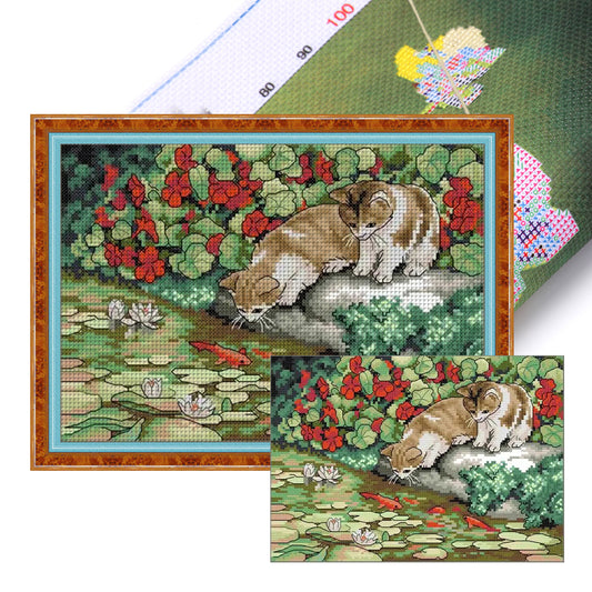 Cat And Fish - 14CT Stamped Cross Stitch 30*21CM