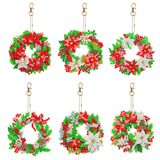 6PCS Double Sided Diamond Painting Keychain for Xmas Decor (Christmas Wreath)