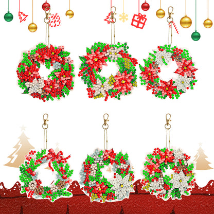 6PCS Double Sided Diamond Painting Keychain for Xmas Decor (Christmas Wreath)