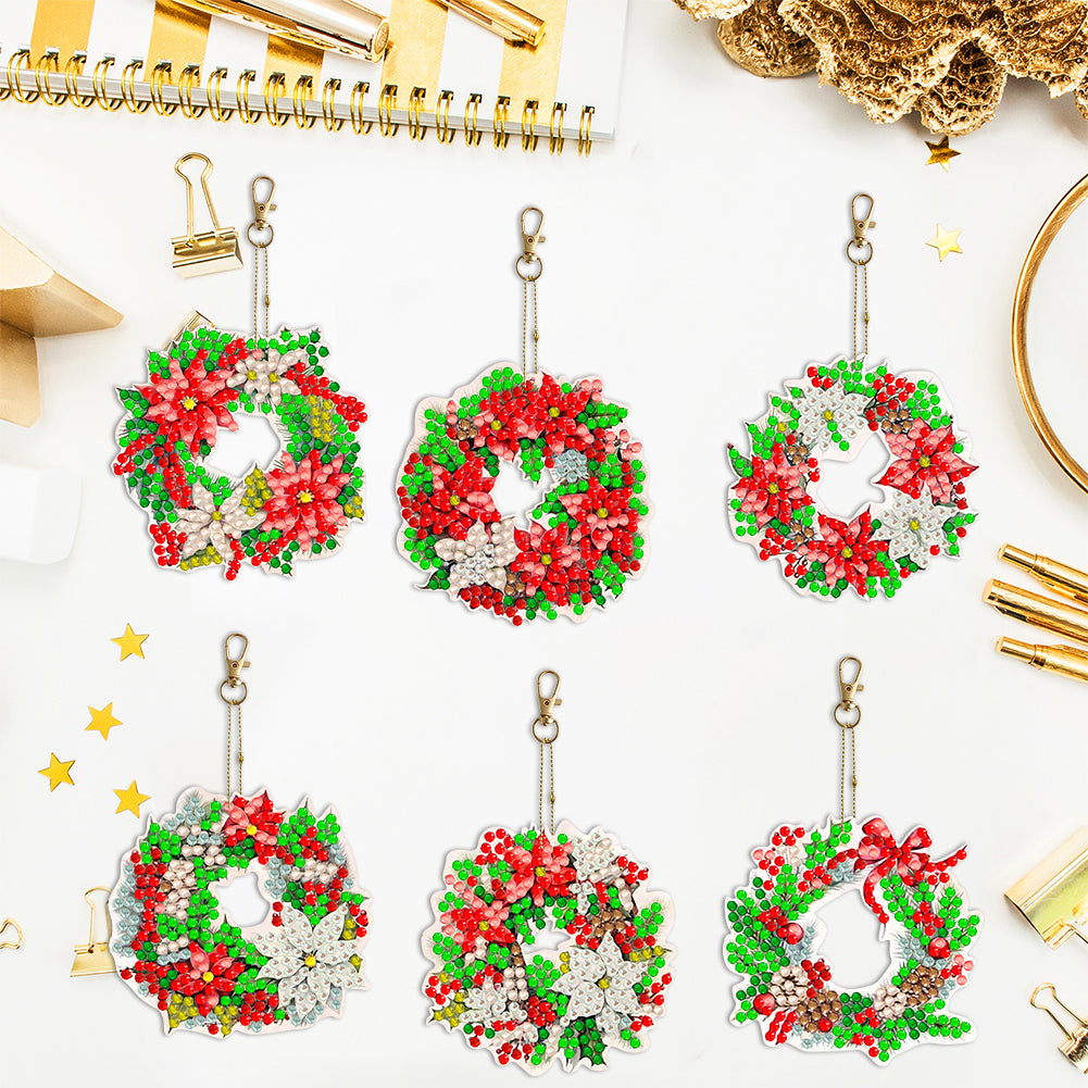 6PCS Double Sided Diamond Painting Keychain for Xmas Decor (Christmas Wreath)