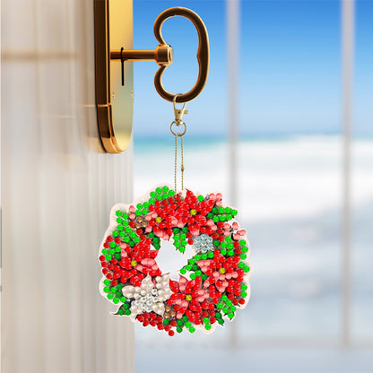 6PCS Double Sided Diamond Painting Keychain for Xmas Decor (Christmas Wreath)