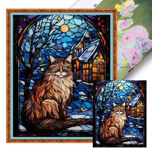 Glass Painting-Moonlight Cat - 14CT Stamped Cross Stitch 40*50CM