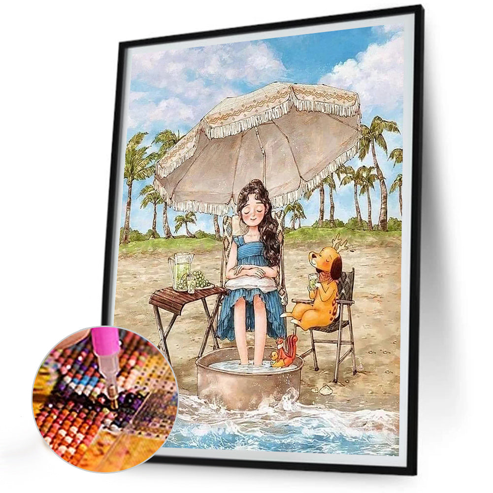 Girl Relaxing On The Beach - Full Round Drill Diamond Painting 30*40CM