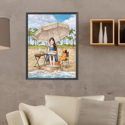 Girl Relaxing On The Beach - Full Round Drill Diamond Painting 30*40CM