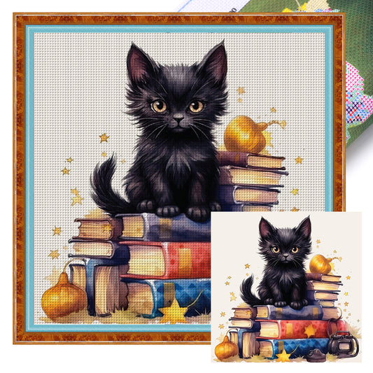 Black Cat On Book - 11CT Stamped Cross Stitch 60*60CM