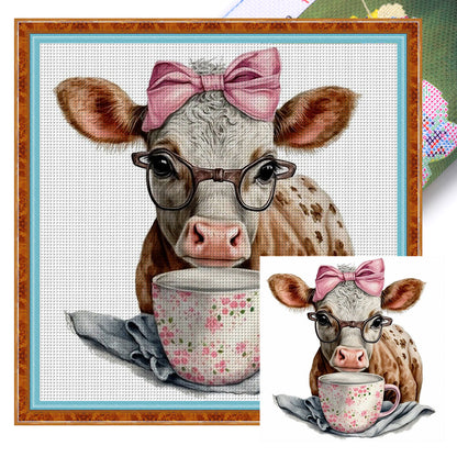 Cow On Teacup - 11CT Stamped Cross Stitch 40*40CM