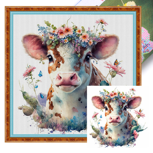 Flowers And Cow - 11CT Stamped Cross Stitch 40*40CM