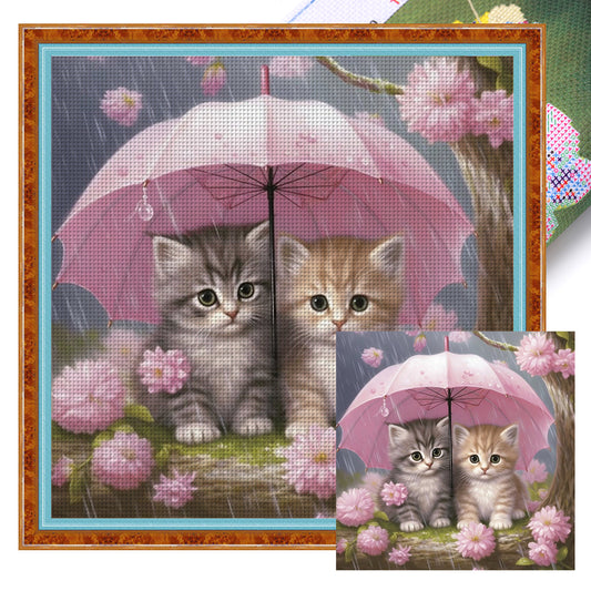 Kitten Holding Umbrella With Flowers - 11CT Stamped Cross Stitch 40*40CM