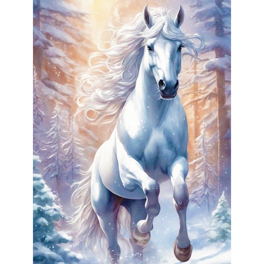 White Horse In Snow - Full Round Drill Diamond Painting 30*40CM