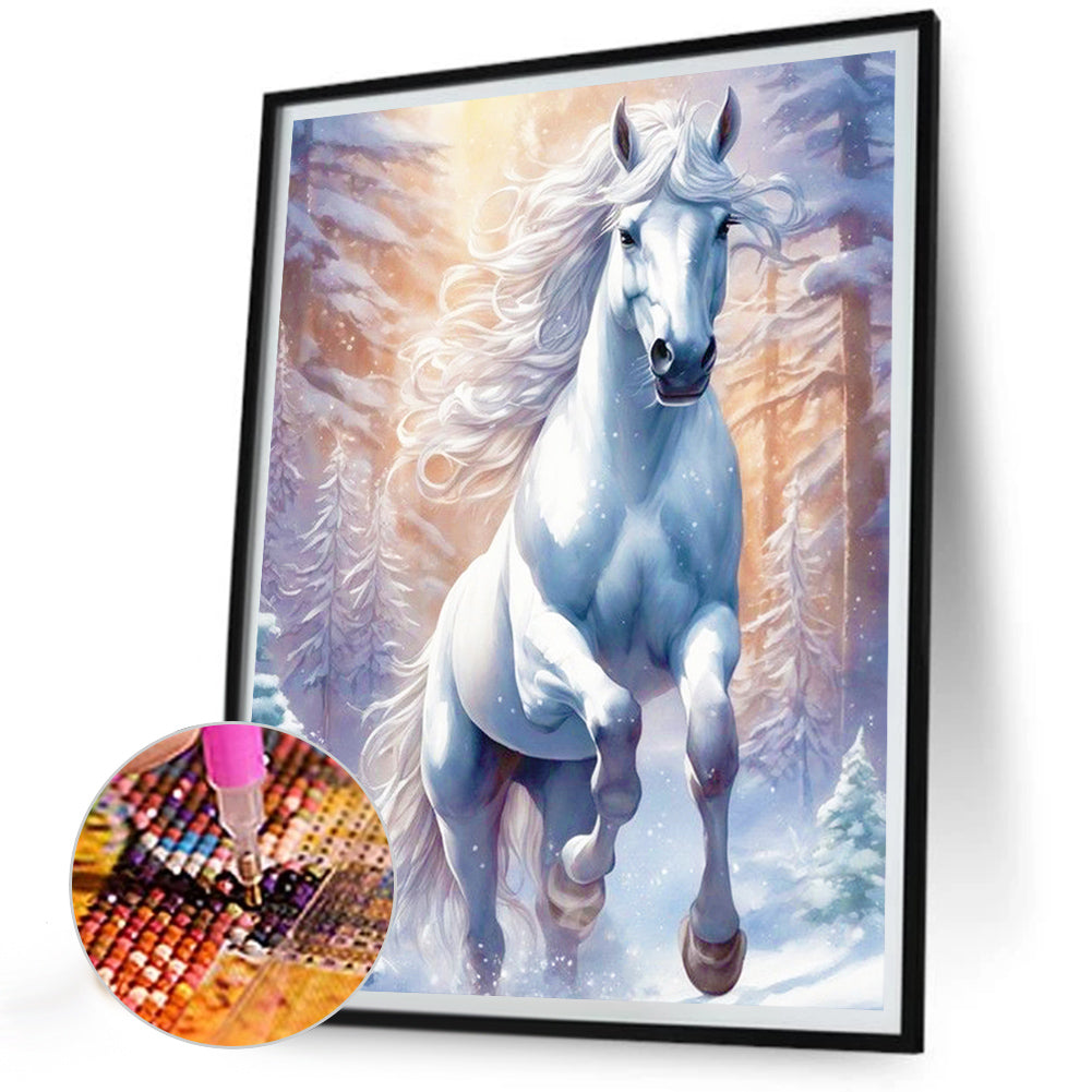 White Horse In Snow - Full Round Drill Diamond Painting 30*40CM