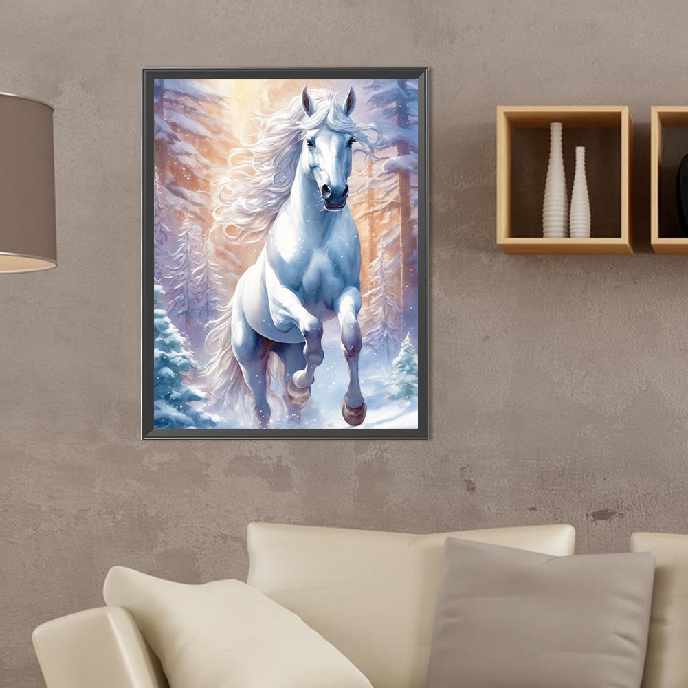 White Horse In Snow - Full Round Drill Diamond Painting 30*40CM