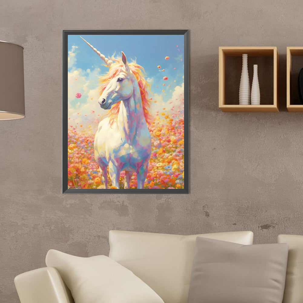 Unicorn In The Sea Of Flowers - Full Round Drill Diamond Painting 30*40CM