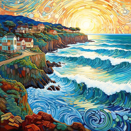 Seaside Town Sunrise - Full Round Drill Diamond Painting 30*30CM