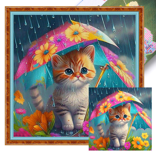 Cat Holding Umbrella - 11CT Stamped Cross Stitch 40*40CM