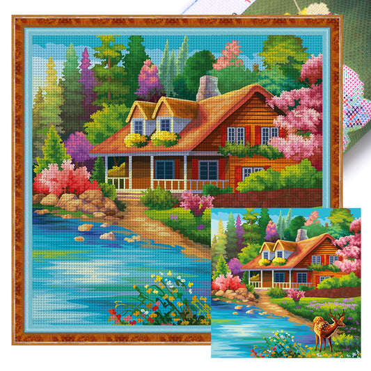 Landscape Scenery Cabin - 14CT Stamped Cross Stitch 40*40CM