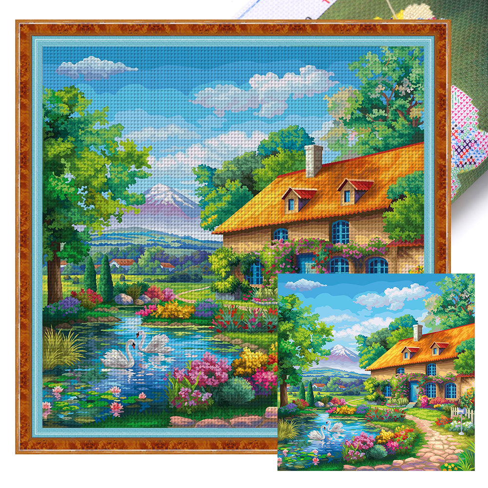 Landscape Scenery Cabin - 14CT Stamped Cross Stitch 40*40CM