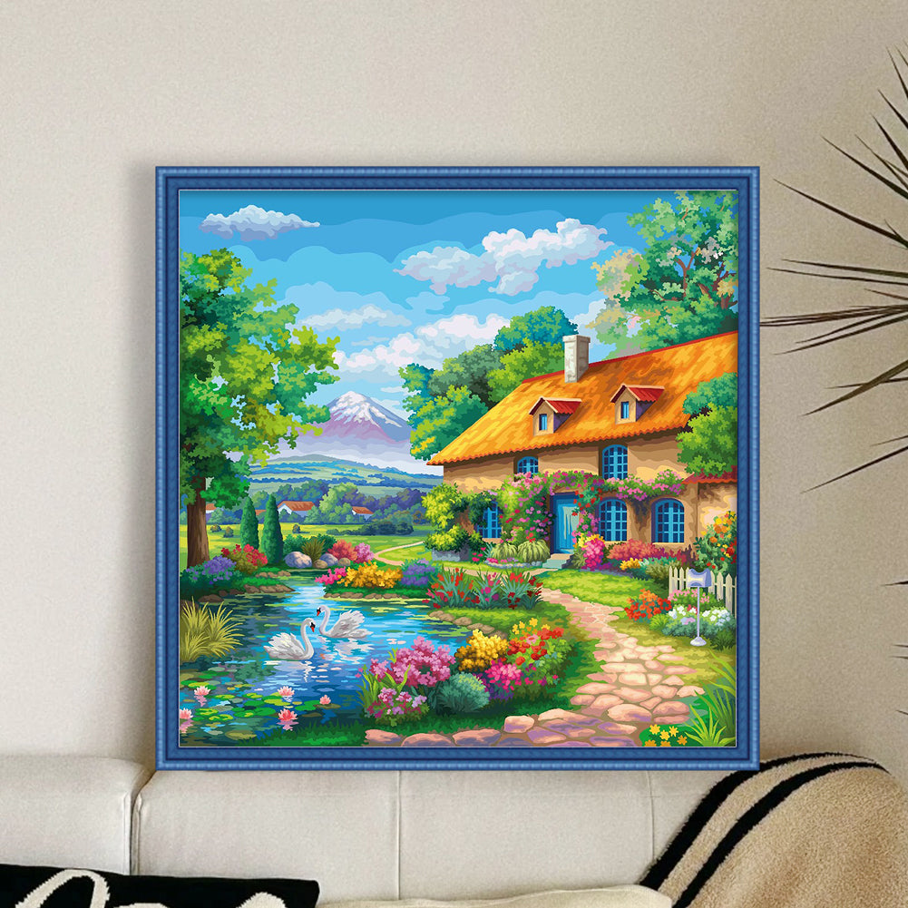 Landscape Scenery Cabin - 14CT Stamped Cross Stitch 40*40CM