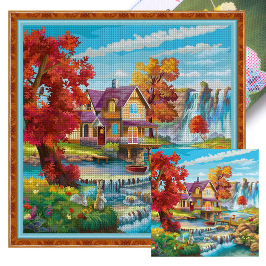 Landscape Scenery Cabin - 14CT Stamped Cross Stitch 40*40CM