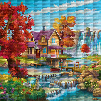 Landscape Scenery Cabin - 14CT Stamped Cross Stitch 40*40CM