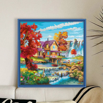 Landscape Scenery Cabin - 14CT Stamped Cross Stitch 40*40CM