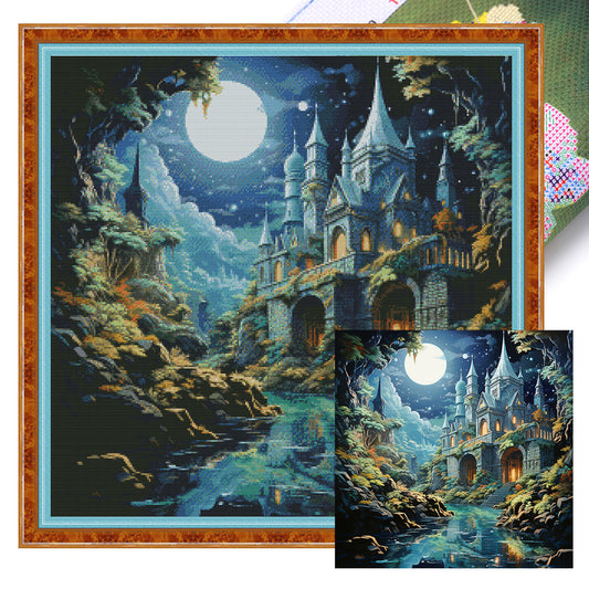 Castle Under Moonlight - 16CT Stamped Cross Stitch 50*50CM(Joy Sunday)