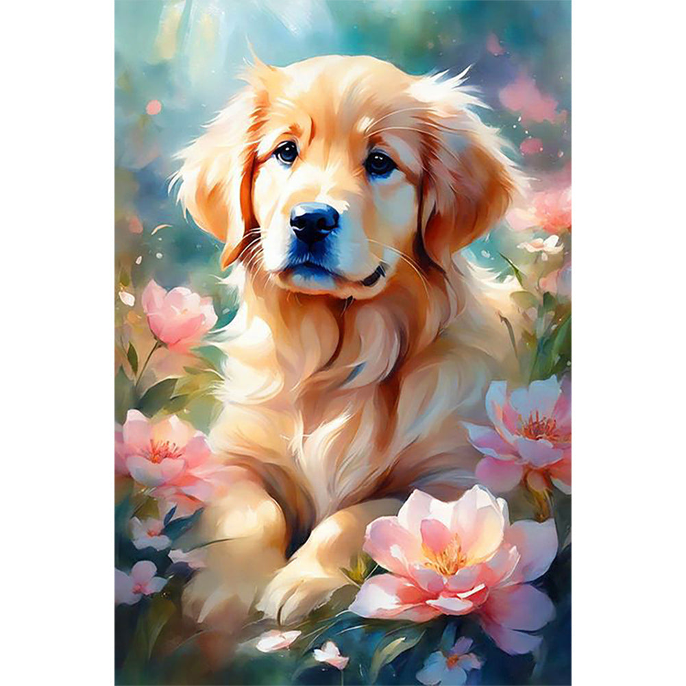 Dog Sitting Among Flowers - Full Round Drill Diamond Painting 40*60CM