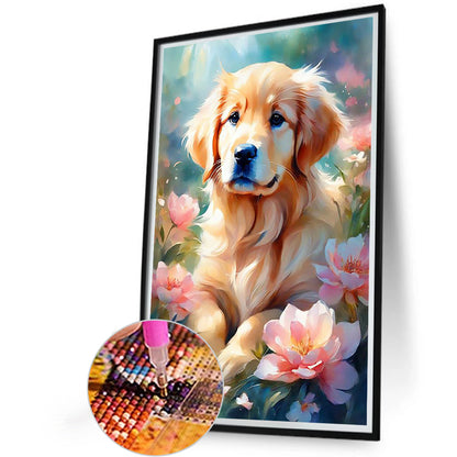 Dog Sitting Among Flowers - Full Round Drill Diamond Painting 40*60CM