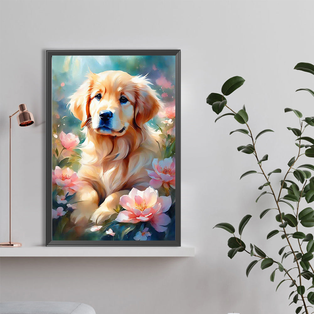 Dog Sitting Among Flowers - Full Round Drill Diamond Painting 40*60CM