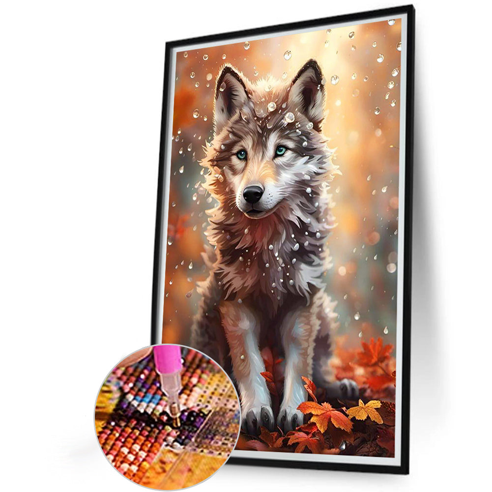Wolf Under The Maple Leaves And Water Drops - Full Round Drill Diamond Painting 40*60CM