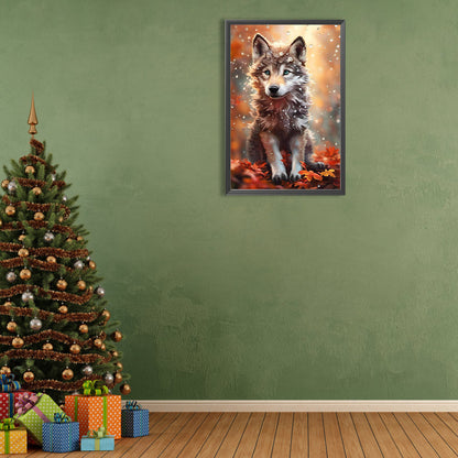Wolf Under The Maple Leaves And Water Drops - Full Round Drill Diamond Painting 40*60CM