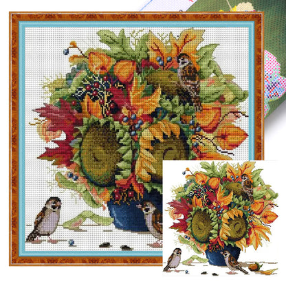 Sparrows And Flowers - 14CT Stamped Cross Stitch 38*37CM