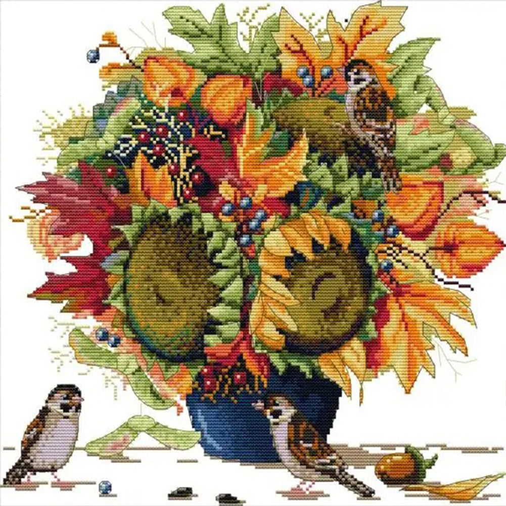 Sparrows And Flowers - 14CT Stamped Cross Stitch 38*37CM