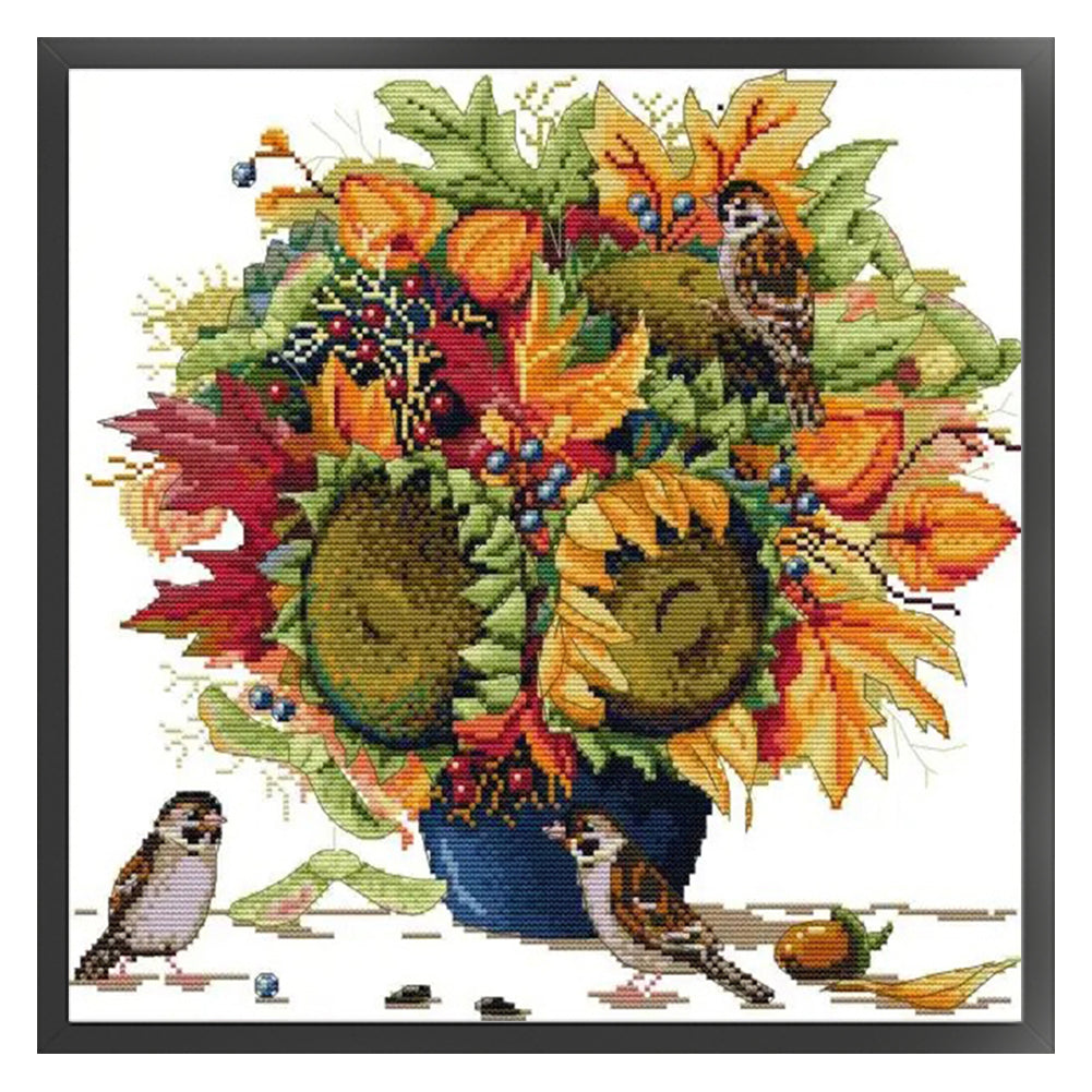 Sparrows And Flowers - 14CT Stamped Cross Stitch 38*37CM