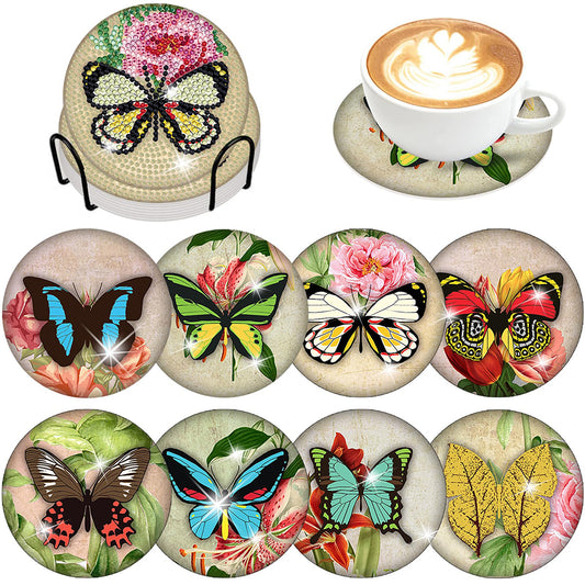 8PCS Acrylic Diamond Painting Coasters Kits with Holder for Adults(Butterfly #1)