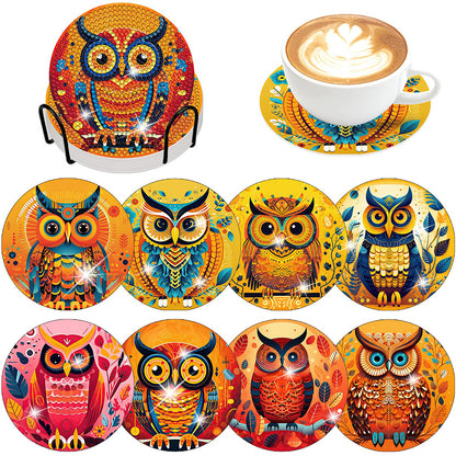 8PCS Acrylic Diamond Painting Coasters Kits with Holder for Beginner (Owl)