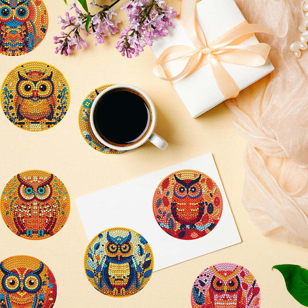 8PCS Acrylic Diamond Painting Coasters Kits with Holder for Beginner (Owl)