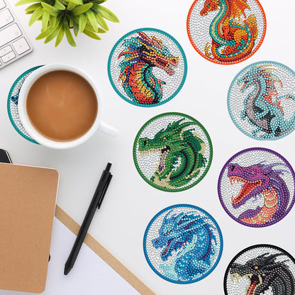 8PCS Acrylic Diamond Painting Coasters Kits with Holder for Beginner (Dragon)