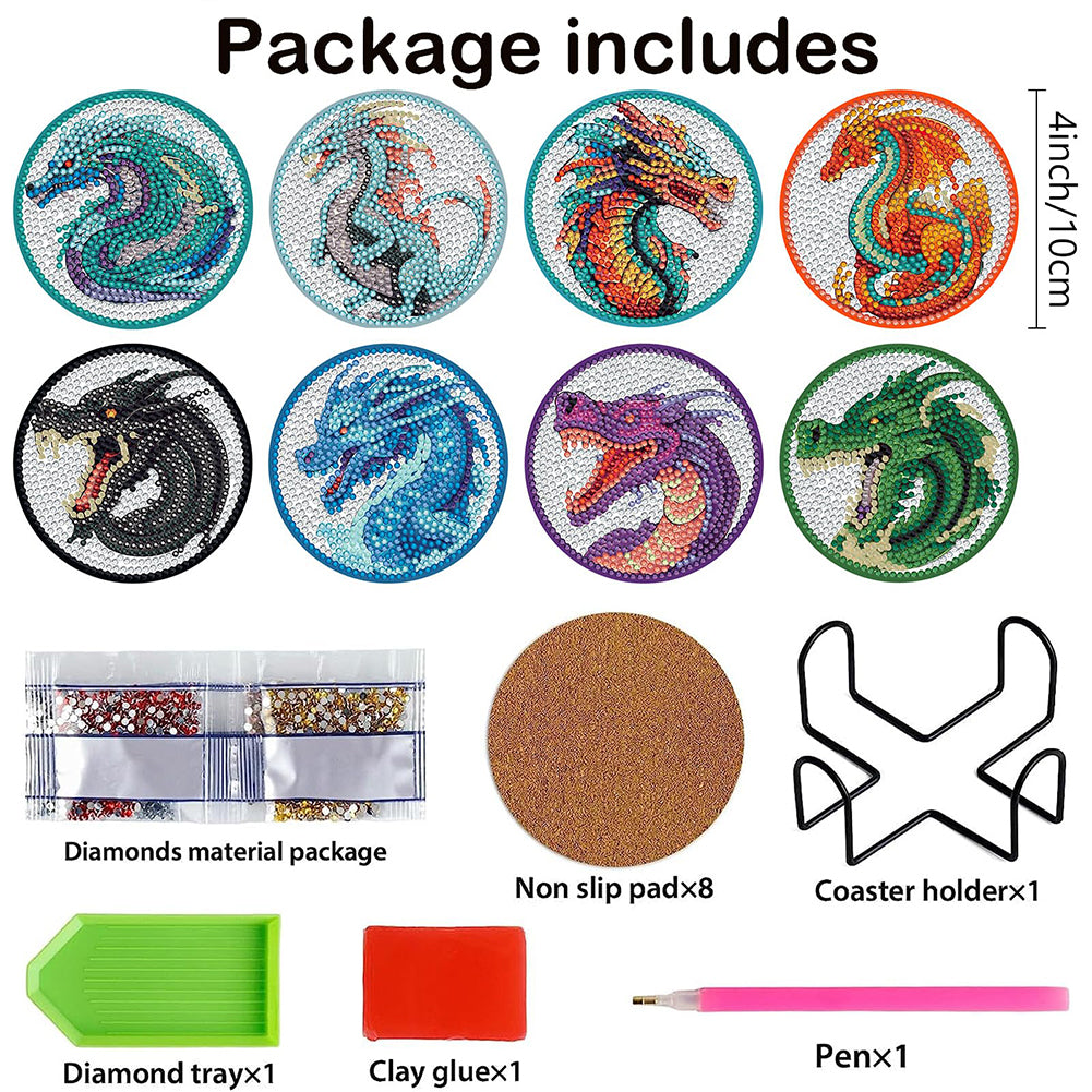 8PCS Acrylic Diamond Painting Coasters Kits with Holder for Beginner (Dragon)