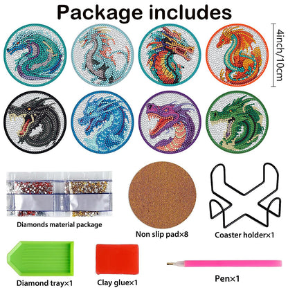 8PCS Acrylic Diamond Painting Coasters Kits with Holder for Beginner (Dragon)