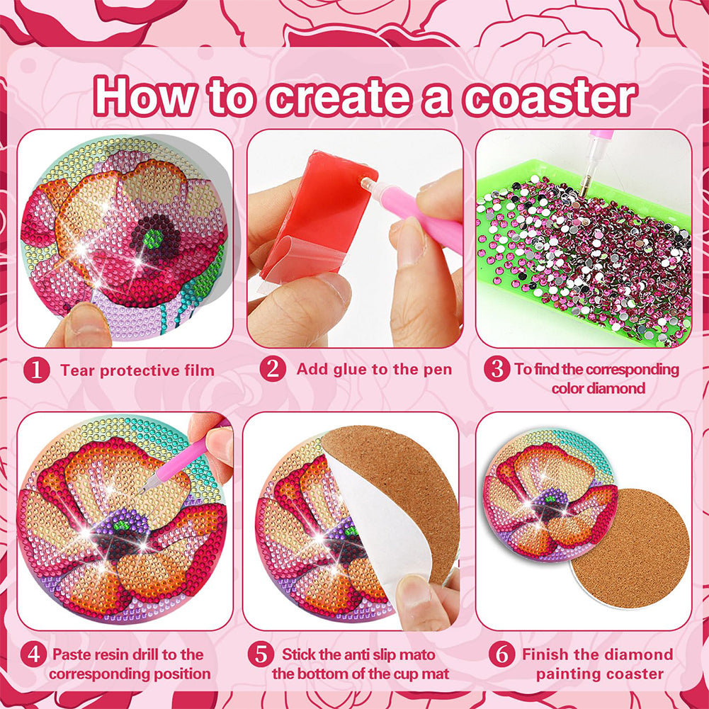 8PCS Acrylic Diamond Painting Coasters Kits with Holder for Beginner (Red Rose)