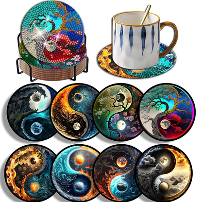 8PCS Acrylic Diamond Painting Coasters Kits with Holder (Yin-Yang Chart)