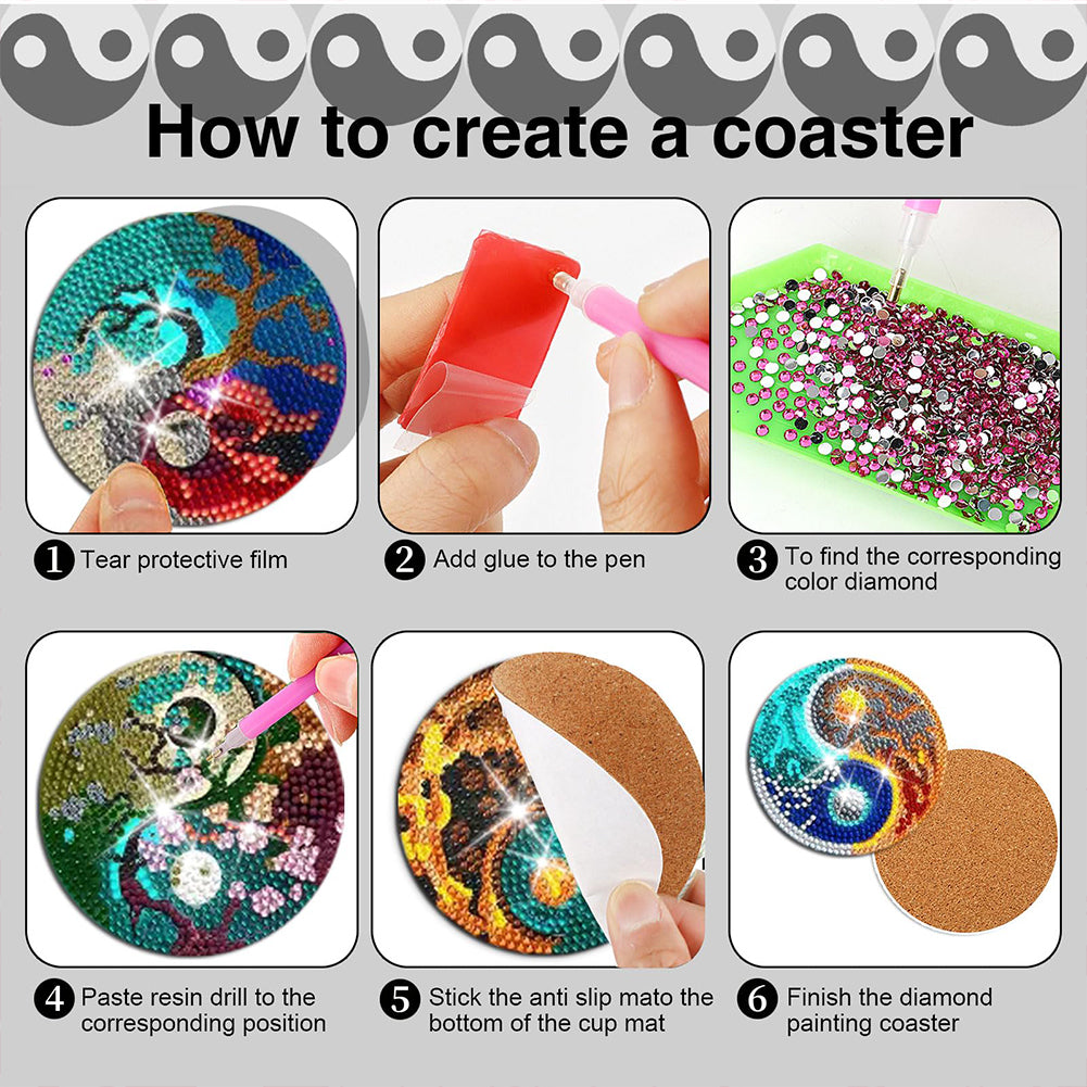 8PCS Acrylic Diamond Painting Coasters Kits with Holder (Yin-Yang Chart)