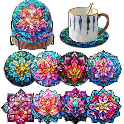 8PCS Acrylic Diamond Painting Coasters Kits with Holder (Crystal Lotus)